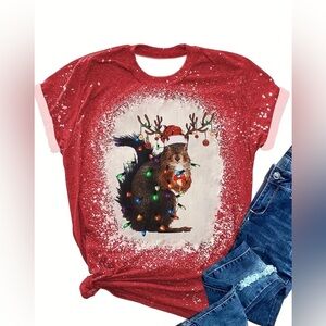 Womens Christmas Santa Squirrel Tangled in Lights Red Bleached T-Shirt
